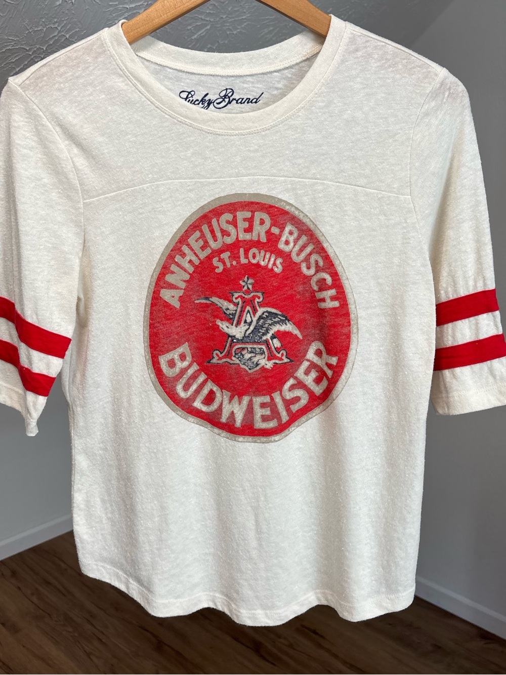 Lucky Brand Budweiser distressed logo, retro style tee. Size small